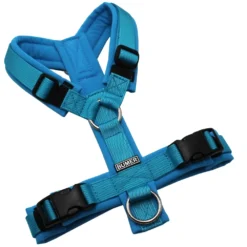 BUMER Hundegeschirr, gepolstert ohne geteilten Bruststeg, Größe XS, Gurtband PREMIUM Blue Lagoon, Softshell Himmelblau, Ringe silberfarbig (Edelstahl), Schnallen schwarz