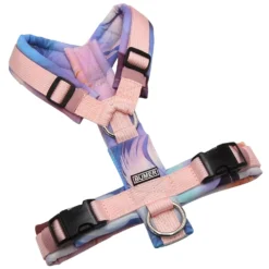 BUMER Hundegeschirr, gepolstert ohne geteilten Bruststeg, Größe XS, Gurtband PREMIUM Blush Petal, Softshell FEDERN #1, Ringe silberfarbig (Edelstahl), Schnallen DURAFLEX®, Applikation