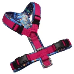 BUMER Hundegeschirr, gepolstert ohne geteilten Bruststeg, Größe XS, Gurtband PREMIUM Fuchsia Flare, Softshell Tropfen, Ringe silberfarbig (Edelstahl), Schnallen DURAFLEX®, Paspel Himmelblau