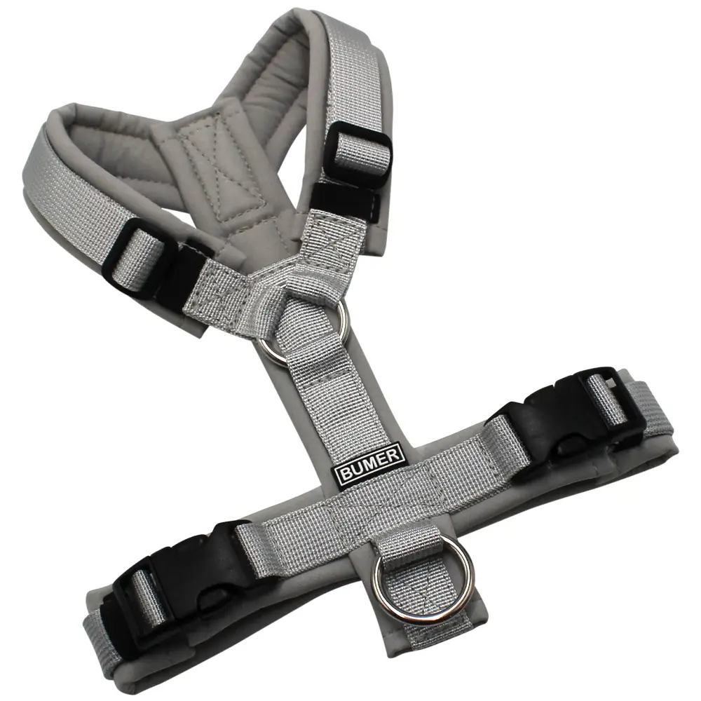 BUMER Hundegeschirr, gepolstert ohne geteilten Bruststeg, Größe XS, Gurtband PREMIUM Muschelgrau, Softshell Hellgrau, Ringe silberfarbig (Edelstahl), Schnallen schwarz