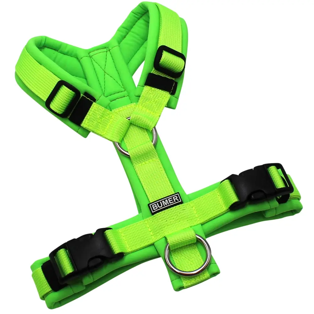 BUMER Hundegeschirr, gepolstert ohne geteilten Bruststeg, Größe XS, Gurtband PREMIUM Neonlime, Softshell Neongrün, Ringe silberfarbig (Edelstahl), Schnallen schwarz