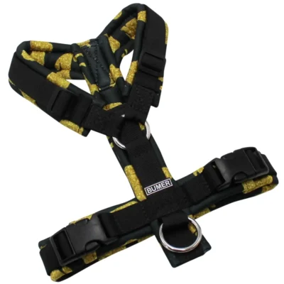 BUMER Hundegeschirr, gepolstert ohne geteilten Bruststeg, Größe XS, Gurtband: PREMIUM Pitch Black, Softshell: DACKEL #1, Ringe: silberfarbig (Edelstahl), Schnallen: schwarz