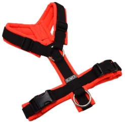 BUMER Hundegeschirr, gepolstert ohne geteilten Bruststeg, Größe XS, Gurtband PREMIUM Pitch Black, Softshell Neonrot, Ringe silberfarbig (Edelstahl), Schnallen DURAFLEX®
