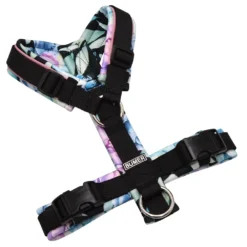 BUMER Hundegeschirr, gepolstert ohne geteilten Bruststeg, Größe XS, Gurtband PREMIUM Pitch Black, Softshell Purple Flower, Ringe silberfarbig (Edelstahl), Schnallen DURAFLEX®, Paspel Rosenquarz