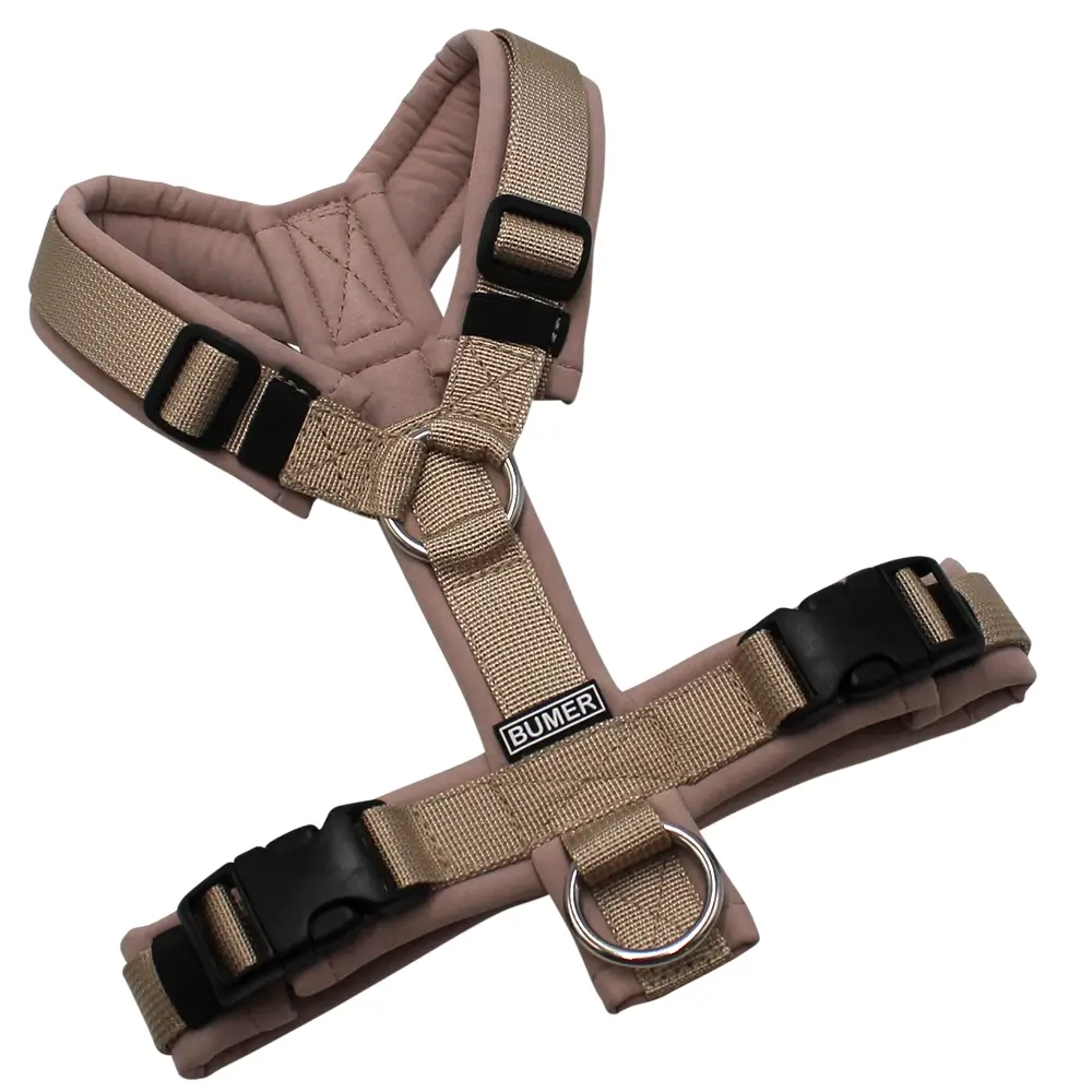 BUMER Hundegeschirr, gepolstert ohne geteilten Bruststeg, Größe XS, Gurtband PREMIUM Soft Beige, Softshell Puderrosa, Ringe silberfarbig (Edelstahl), Schnallen schwarz