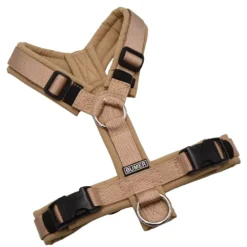 BUMER Hundegeschirr, gepolstert ohne geteilten Bruststeg, Größe XS, Gurtband PREMIUM Soft Beige, Softshell Sandgreige, Ringe silberfarbig (Edelstahl), Schnallen schwarz (DURAFLEX®)