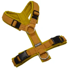 BUMER Hundegeschirr, gepolstert ohne geteilten Bruststeg, Größe XS, Gurtband PREMIUM X Dunkelbeige, Softshell Curry, Ringe silberfarbig (Edelstahl), Schnallen DURAFLEX®