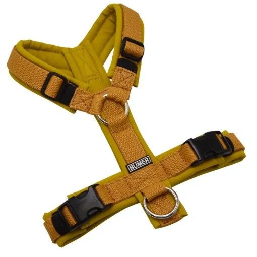 BUMER Hundegeschirr, gepolstert ohne geteilten Bruststeg, Größe XS, Gurtband PREMIUM X Dunkelbeige, Softshell Curry, Ringe silberfarbig (Edelstahl), Schnallen DURAFLEX®