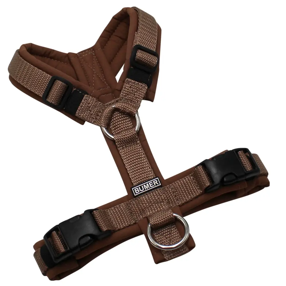 BUMER Hundegeschirr, gepolstert ohne geteilten Bruststeg, Größe XS, Gurtband PREMIUM X Hellbraun, Softshell Kupferkastanie, Ringe silberfarbig (Edelstahl), Schnallen schwarz