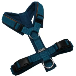 BUMER Hundegeschirr, gepolstert ohne geteilten Bruststeg, Größe XS, Gurtband PREMIUM X Petrol, Softshell Tiefseeblau, Ringe silberfarbig (Edelstahl), Schnallen schwarz