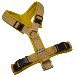 BUMER Hundegeschirr, gepolstert ohne geteilten Bruststeg, Größe XS, Gurtband PREMIUM X Sandgold, Softshell Curry, Ringe silberfarbig (Edelstahl), Schnallen DURAFLEX®