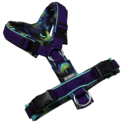 BUMER Hundegeschirr, gepolstert ohne geteilten Bruststeg, Größe XS, Gurtband PREMIUM X Twilight Plum, Softshell PFAU #3, Ringe silberfarbig (Edelstahl), Schnallen schwarz (DURAFLEX®), Applikation