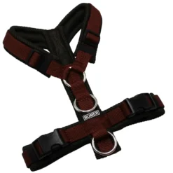 BUMER Hundegeschirr, gepolstert ohne geteilten Bruststeg, Größe XS, Gurtband Rotbraun, MESH Olive Braun, Ringe silberfarbig (Edelstahl), schwarz (DURAFLEX®), Zusatzring Rückensteg
