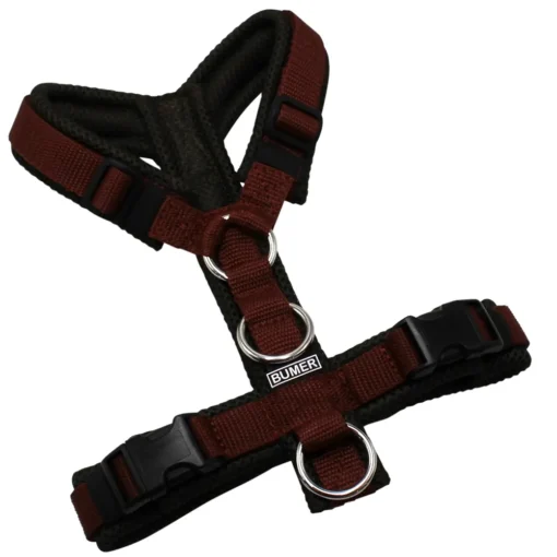 BUMER Hundegeschirr, gepolstert ohne geteilten Bruststeg, Größe XS, Gurtband Rotbraun, MESH Olive Braun, Ringe silberfarbig (Edelstahl), schwarz (DURAFLEX®), Zusatzring Rückensteg