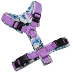 BUMER Hundegeschirr, gepolstert ohne geteilten Bruststeg, Größe XS, Gurtband Violet, Softshell PURPLE FLOWER, Ringe silberfarbig (Edelstahl), Schnallen DURAFLEX®, Applikation