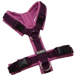 BUMER Hundegeschirr, gepolstert ohne geteilten Bruststeg, Größe XXS, Gurtband Aubergine, Softshell Kirschbblüte, Ringe silberfarbig (Edelstahl), Schnallen schwarz (DURAFLEX®)