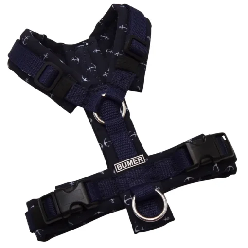 BUMER Hundegeschirr, gepolstert ohne geteilten Bruststeg, Größe XXS, Gurtband Dunkelnavy, Softshell ANKER Navy, Ringe silberfarbig (Edelstahl), Schnallen schwarz (DURAFLEX®)