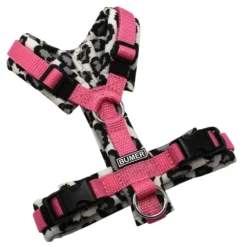 BUMER Hundegeschirr, gepolstert ohne geteilten Bruststeg, Größe XXS, Gurtband Dunkelpink, Softshell SCHNEELEOPARD, Ringe silberfarbig (Edelstahl), Schnallen schwarz (DURAFLEX®), Zusatzring Bruststeg