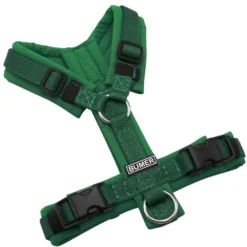 BUMER Hundegeschirr, gepolstert ohne geteilten Bruststeg, Größe XXS, Gurtband Grün, Softshell Farngrün, Ringe silberfarbig (Edelstahl), Schnallen schwarz (DURAFLEX®)