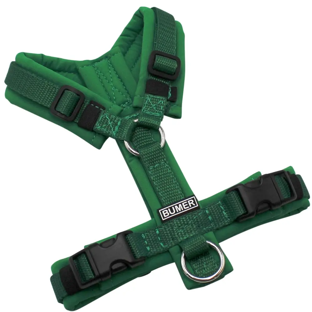 BUMER Hundegeschirr, gepolstert ohne geteilten Bruststeg, Größe XXS, Gurtband Grün, Softshell Farngrün, Ringe silberfarbig (Edelstahl), Schnallen schwarz (DURAFLEX®)