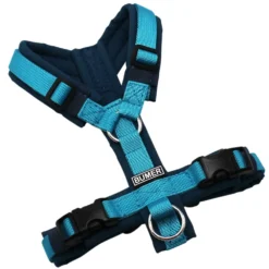 BUMER Hundegeschirr, gepolstert ohne geteilten Bruststeg, Größe XXS, Gurtband PREMIUM Blue Lagoon, Softshell Petrolshade, Ringe silberfarbig (Edelstahl), Schnallen schwarz (DURAFLEX®)