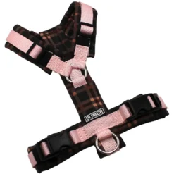 BUMER Hundegeschirr, gepolstert ohne geteilten Bruststeg, Größe XXS, Gurtband PREMIUM Blush Petal, Softshell CHESTNUT PLAID, Ringe silberfarbig (Edelstahl), Schnallen schwarz
