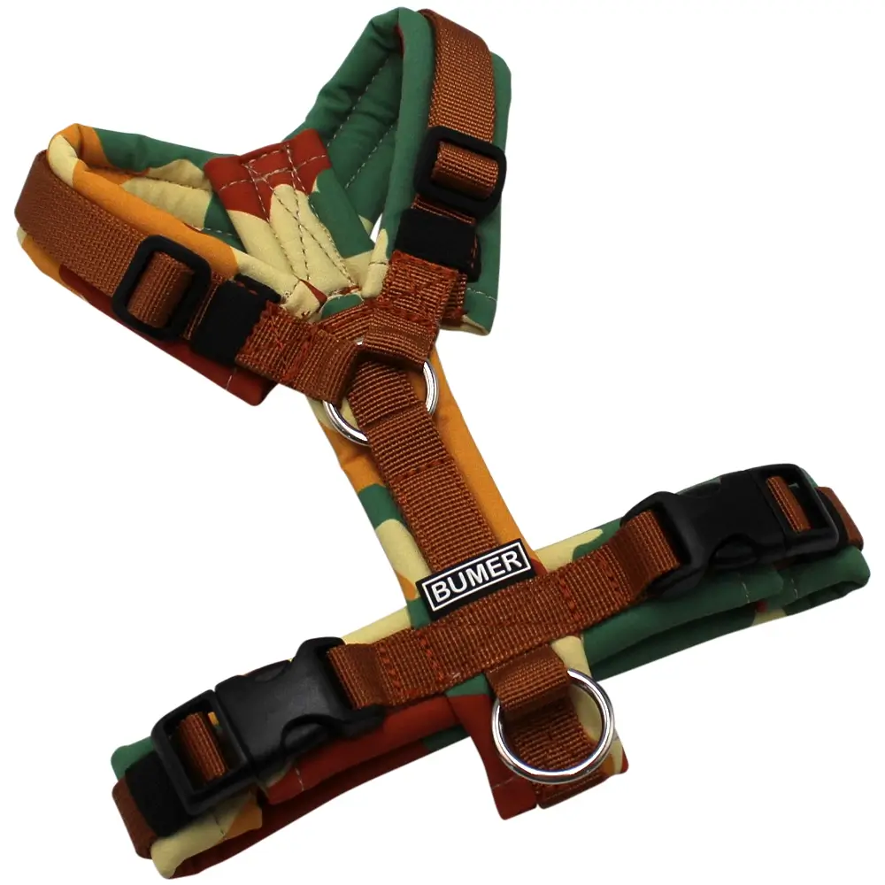 BUMER Hundegeschirr, gepolstert ohne geteilten Bruststeg, Größe XXS, Gurtband PREMIUM Copper Glow, Softshell WÜSTE, Ringe silberfarbig (Edelstahl), Schnallen schwarz