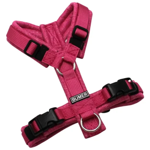 BUMER Hundegeschirr, gepolstert ohne geteilten Bruststeg, Größe XXS, Gurtband PREMIUM Himbeer Sorbet, Softshell Pink meliert, Ringe silberfarbig (Edelstahl), Schnallen schwarz (DURAFLEX®)