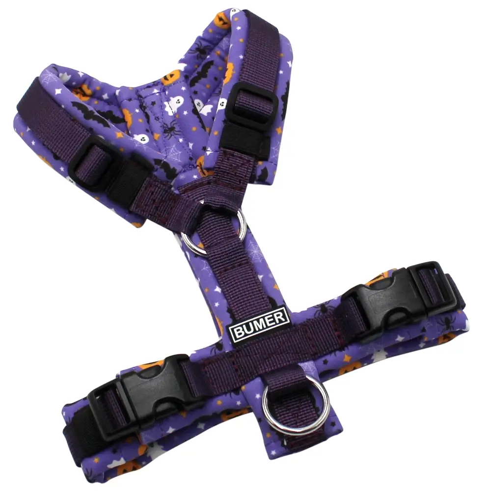 BUMER Hundegeschirr, gepolstert ohne geteilten Bruststeg, Größe XXS, Gurtband PREMIUM Midnight Plum, Softshell BOO MAZING, Ringe silberfarbig (Edelstahl), Schnallen schwarz