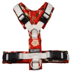 BUMER-Hundegeschirr-gepolstert-ohne-geteilten-Bruststeg-Groesse-XXS-Gurtband-PREMIUM-Silken-Snow-Softshell-Florale-Fuelle-BLUMENMOTIVE-Ringe-silberfarbig-Edelstahl-Paspel-schwarz-mit-Applikation