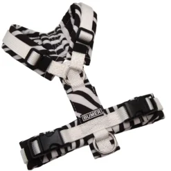 BUMER Hundegeschirr, gepolstert ohne geteilten Bruststeg, Größe XXS, Gurtband PREMIUM Silken Snow, Softshell Zebra, Ringe silberfarbig (Edelstahl), Schnallen schwarz (DURAFLEX®)