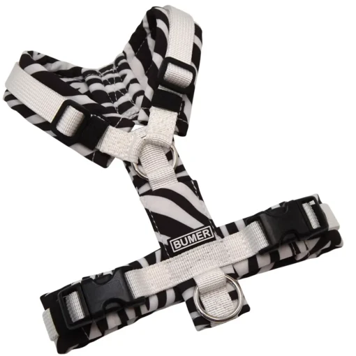 BUMER Hundegeschirr, gepolstert ohne geteilten Bruststeg, Größe XXS, Gurtband PREMIUM Silken Snow, Softshell Zebra, Ringe silberfarbig (Edelstahl), Schnallen schwarz (DURAFLEX®)