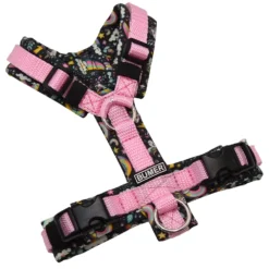 BUMER Hundegeschirr, gepolstert ohne geteilten Bruststeg, Größe XXS, Gurtband PREMIUM X Rosenzart, Softshell Einhorn Regenbogen, Ringe silberfarbig (Edelstahl), Schnallen schwarz (DURAFLEX®)