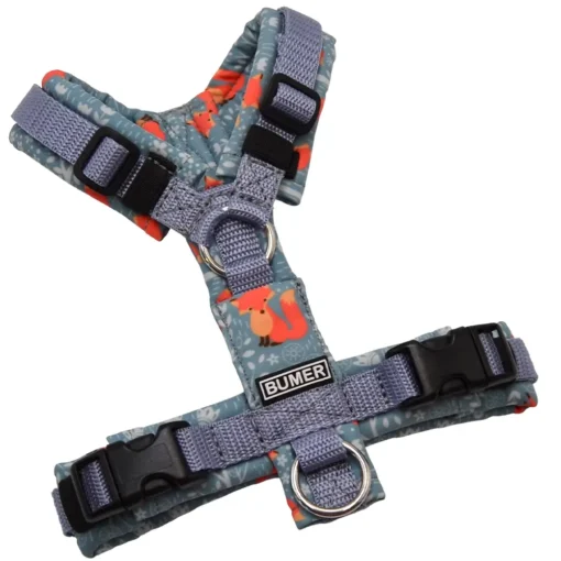 BUMER Hundegeschirr, gepolstert ohne geteilten Bruststeg, Größe XXS, Gurtband Titan, Softshell Waldtiere #2, Ringe silberfarbig (Edelstahl), Schnallen schwarz (DURAFLEX®)