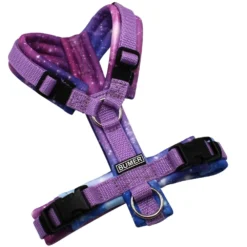 BUMER Hundegeschirr, gepolstert ohne geteilten Bruststeg, Größe XXS, Gurtband Violet, Softshell GALAXY, Ringe silberfarbig (Edelstahl), Schnallen schwarz (DURAFLEX®)