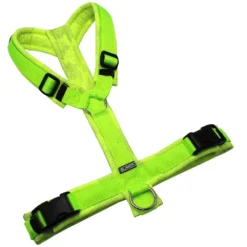 BUMER Hundegeschirr, gepolstert ohne geteilten Bruststeg, Zwischengröße M/L, Gurtband Neongrün, Softshell Camou REFLEX Neongelb, Ringe silberfarbig (Edelstahl), Schnallen DURAFLEX®