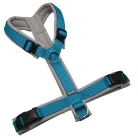 BUMER Hundegeschirr, gepolstert ohne geteilten Bruststeg, Zwischengröße M/L, Gurtband Standard PLUS Türkisblau, Softshell Hellgrau, Ringe silberfarbig (Edelstahl), Schnallen DURAFLEX®
