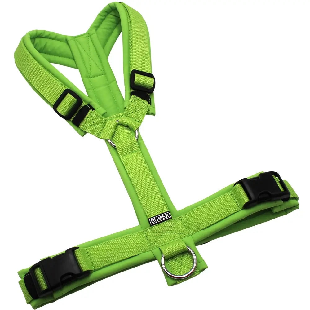 BUMER Hundegeschirr, gepolstert ohne geteilten Bruststeg, Zwischengröße M/L, Gurtband Hell Lime, Softshell Lime, Ringe silberfarbig (Edelstahl), Schnallen DURAFLEX®