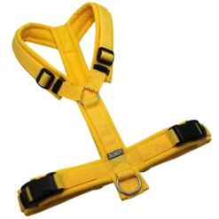 BUMER Hundegeschirr, gepolstert ohne geteilten Bruststeg, Zwischengröße M/L, Gurtband Mais, Softshell Sonnenblume, Ringe silberfarbig (Edelstahl), Schnallen DURAFLEX®