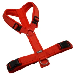BUMER Hundegeschirr, gepolstert ohne geteilten Bruststeg, Zwischengröße M/L, Gurtband PREMIUM Scarlet Essence, Softshell Kürbisorange, Ringe silberfarbig (Edelstahl), Schnallen DURAFLEX®
