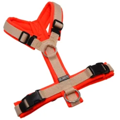 BUMER Hundegeschirr, gepolstert ohne geteilten Bruststeg, Zwischengröße XS/S, Gurtband Haut, Softshell Neonrot, Ringe silberfarbig (Edelstahl)