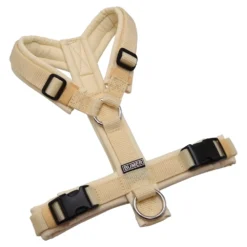 BUMER Hundegeschirr, gepolstert ohne geteilten Bruststeg, Zwischengröße XS/S, Gurtband Natur, Softshell Champagne, Ringe silberfarbig (Edelstahl)
