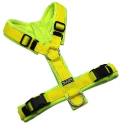 BUMER Hundegeschirr, gepolstert ohne geteilten Bruststeg, Zwischengröße XS/S, Gurtband Neongelb, Softshell Camou REFLEX Neongelb, Ringe silberfarbig (Edelstahl), Schnallen schwarz (DURAFLEX®)