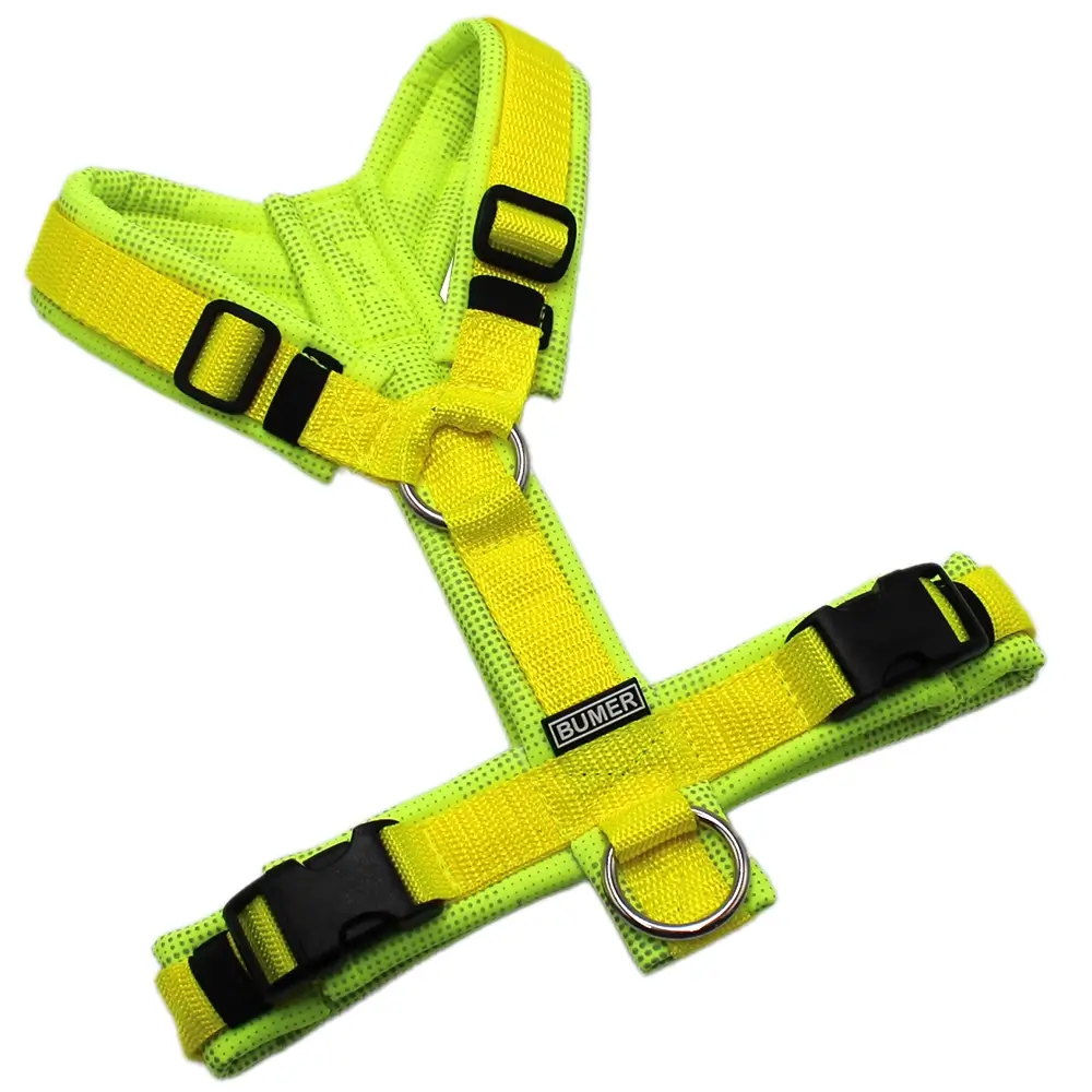 BUMER Hundegeschirr, gepolstert ohne geteilten Bruststeg, Zwischengröße XS/S, Gurtband Neongelb, Softshell Camou REFLEX Neongelb, Ringe silberfarbig (Edelstahl), Schnallen schwarz (DURAFLEX®)