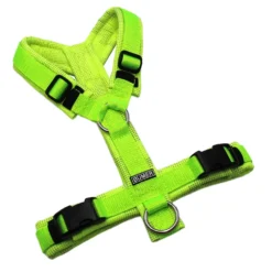 BUMER Hundegeschirr, gepolstert ohne geteilten Bruststeg, Zwischengröße XS/S, Gurtband Neongrün, Softshell Camou REFLEX Gelb, Ringe silberfarbig (Edelstahl), Schnallen schwarz (DURAFLEX®)