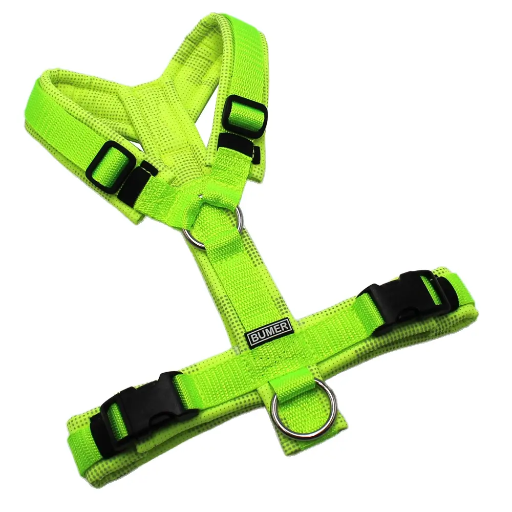 BUMER Hundegeschirr, gepolstert ohne geteilten Bruststeg, Zwischengröße XS/S, Gurtband Neongrün, Softshell Camou REFLEX Gelb, Ringe silberfarbig (Edelstahl), Schnallen schwarz (DURAFLEX®)