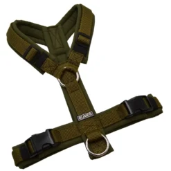 BUMER Hundegeschirr, gepolstert ohne geteilten Bruststeg, Zwischengröße XS/S, Gurtband Olive, Softshell Olive, Ringe silberfarbig (Edelstahl)
