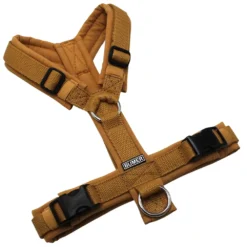 BUMER Hundegeschirr, gepolstert ohne geteilten Bruststeg, Zwischengröße XS/S, Gurtband PREMIUM X Dunkelbeige, Softshell Senfgelb (meliert), Ringe silberfarbig (Edelstahl), Schnallen schwarz (DURAFLEX®)