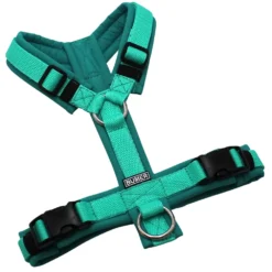 BUMER Hundegeschirr, gepolstert ohne geteilten Bruststeg, Zwischengröße XS/S, Gurtband PREMIUM X Minze, Softshell Atollblau, Ringe silberfarbig (Edelstahl), Schnallen schwarz