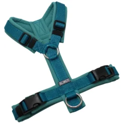 BUMER Hundegeschirr, gepolstert ohne geteilten Bruststeg, Zwischengröße XS/S, Gurtband PREMIUM X Petrol, Softshell Türkis Twirl, Ringe silberfarbig (Edelstahl), Schnallen schwarz